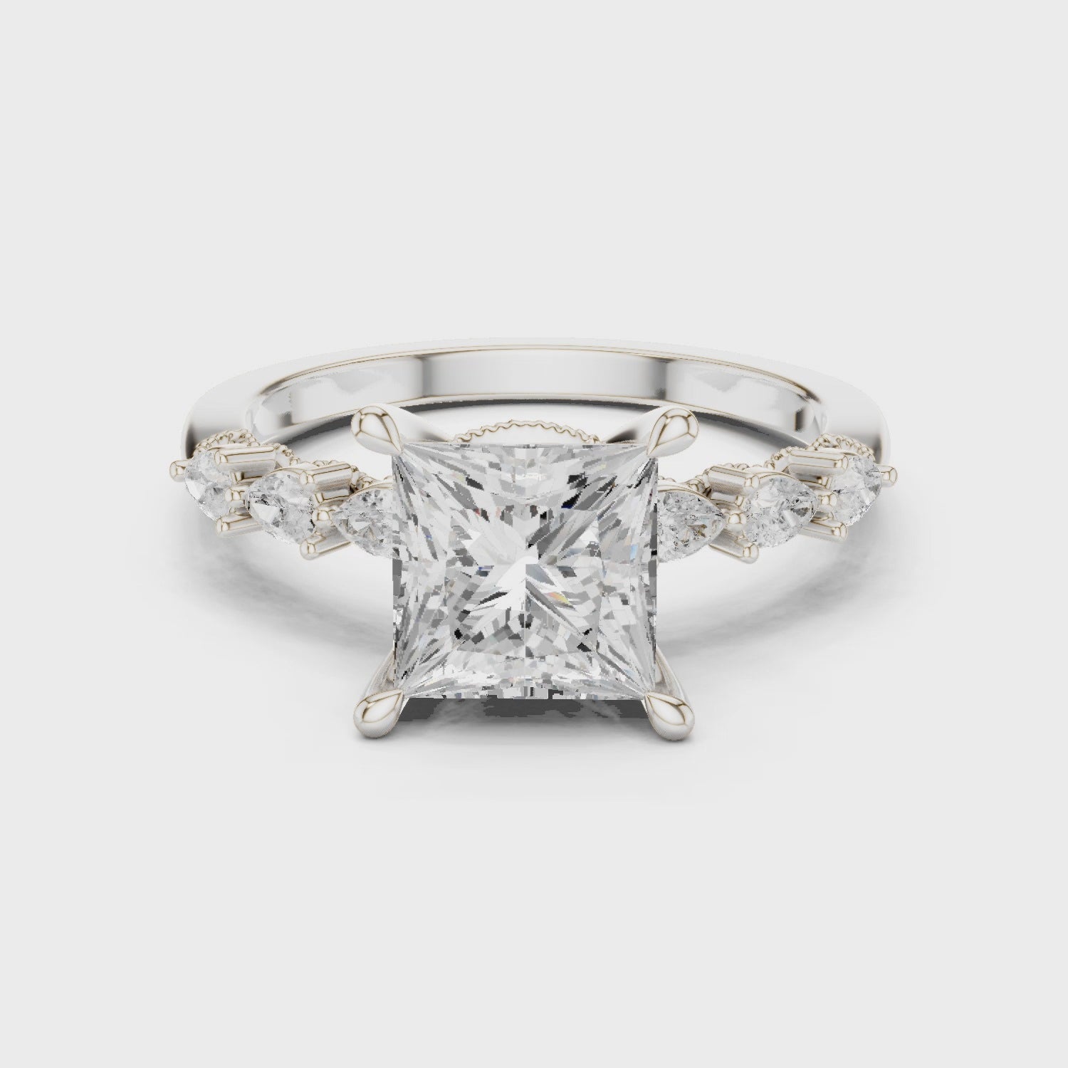Princess  Cut Engagement Ring with Marquise & Round Floral Side Stones