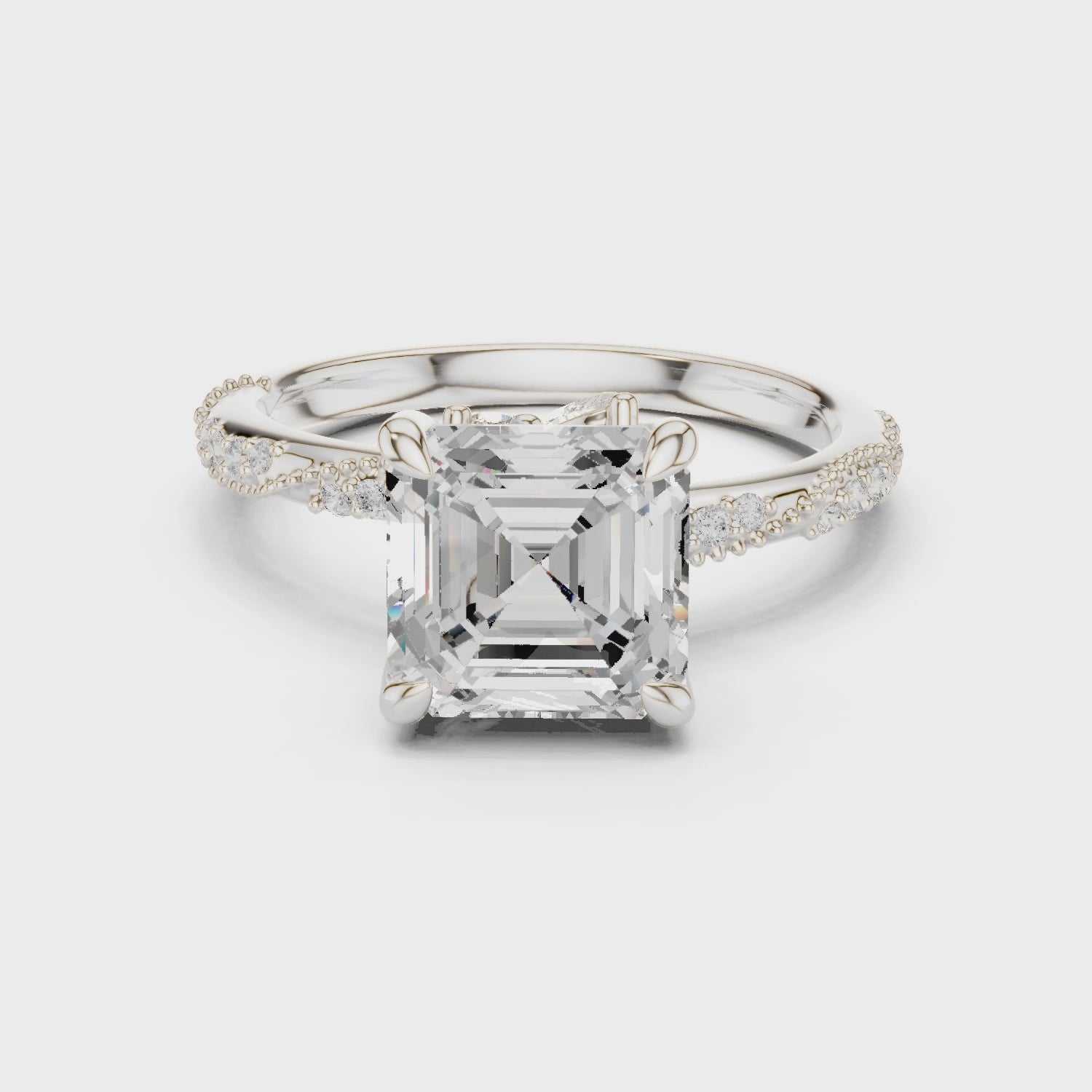 Asscher Cut Solitaire Engagement Ring with Side Pavé Diamond Band and Hidden Halo