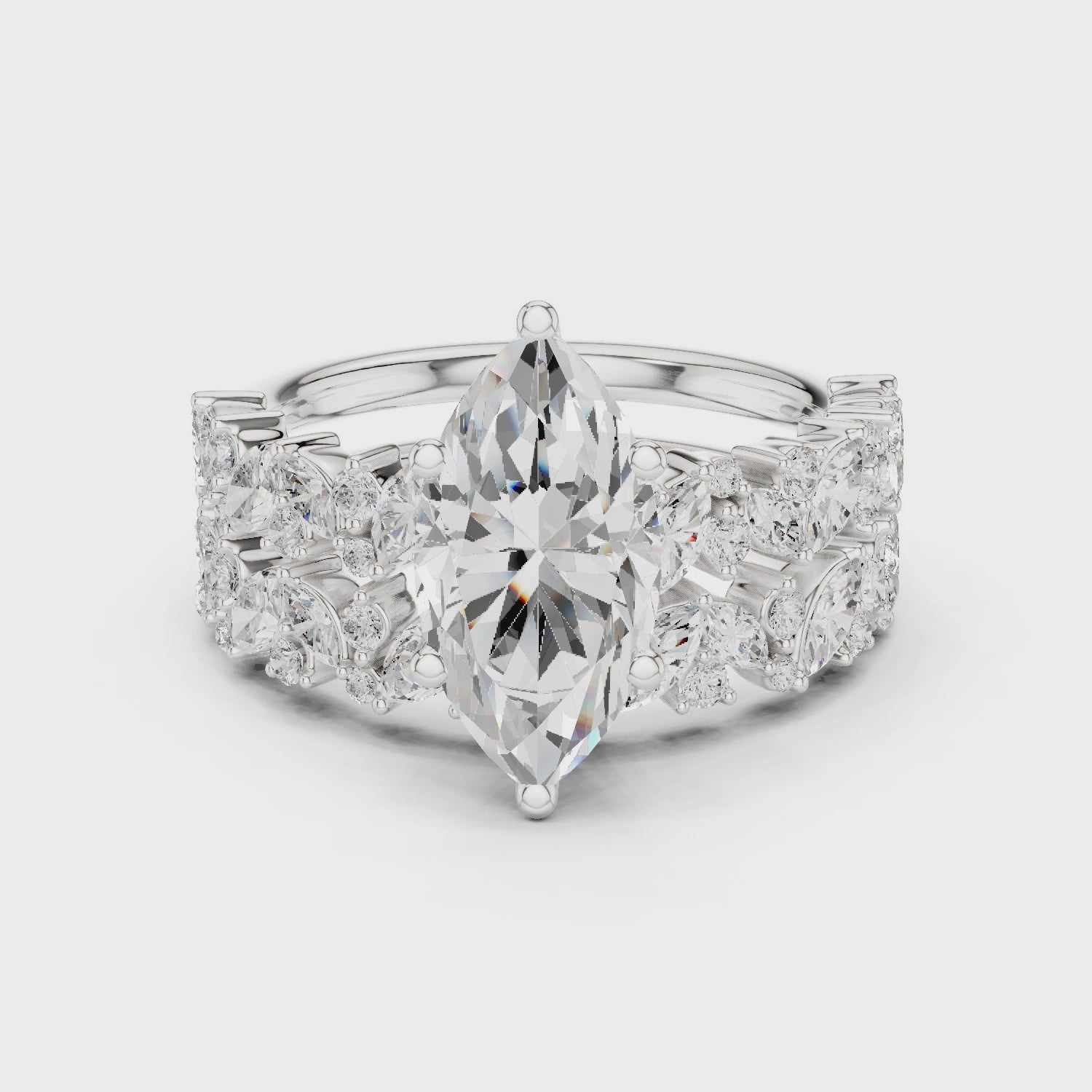 Marquise Cut Solitaire Engagement Ring with Floral Diamond Ring Enhancer