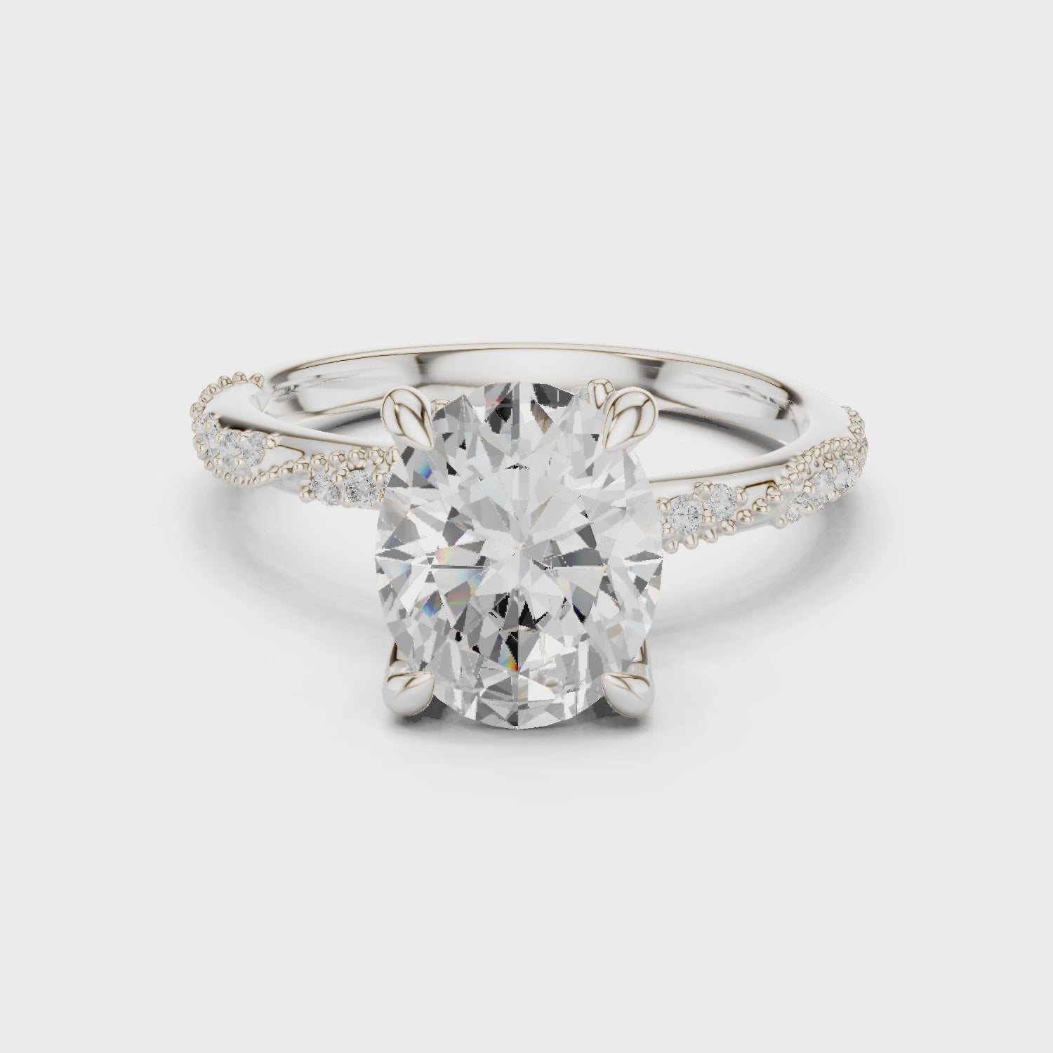 Oval Cut Solitaire Engagement Ring with Side Pavé Diamond Band and Hidden Halo