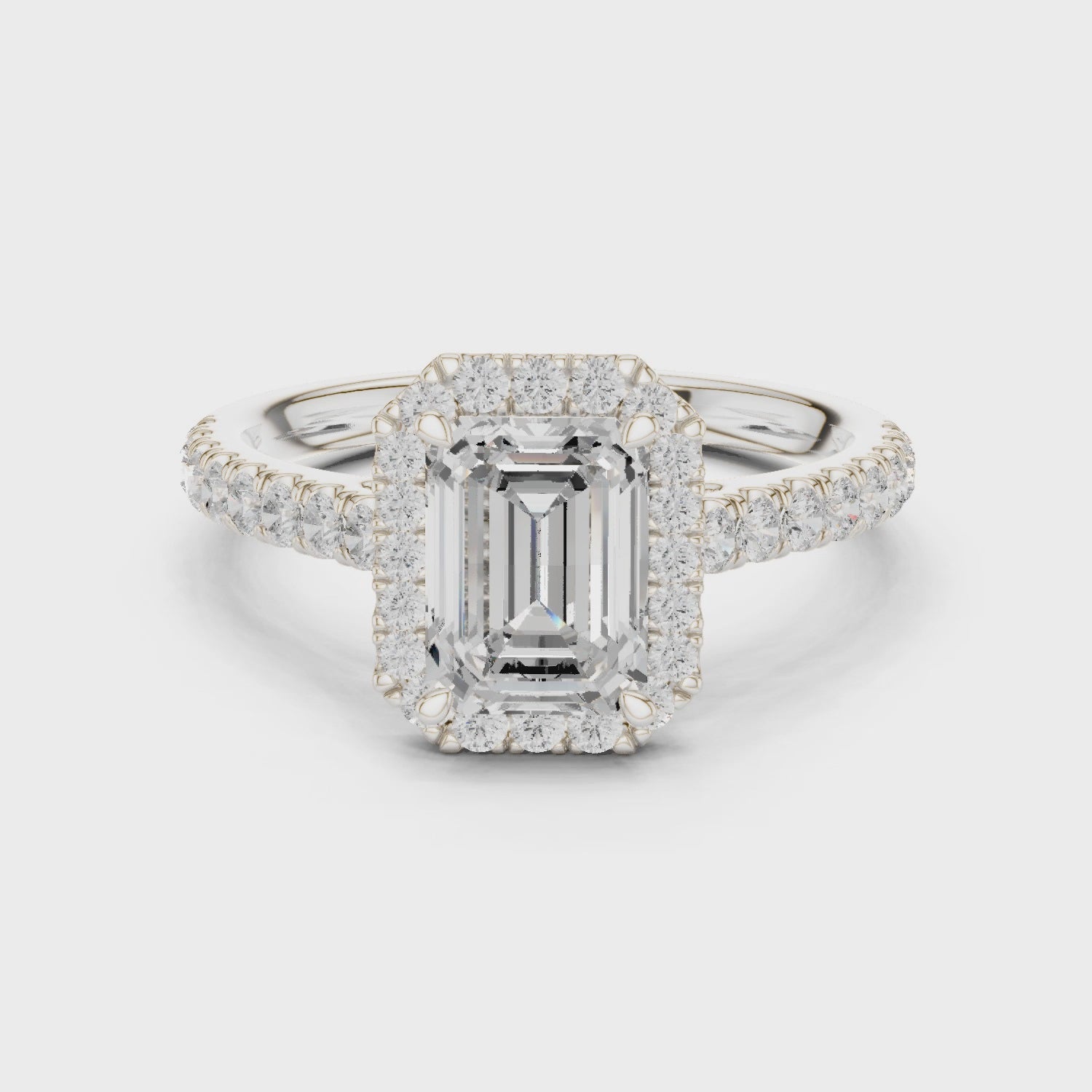 Emerald Cut Halo Engagement Ring with Pavé Diamond Band