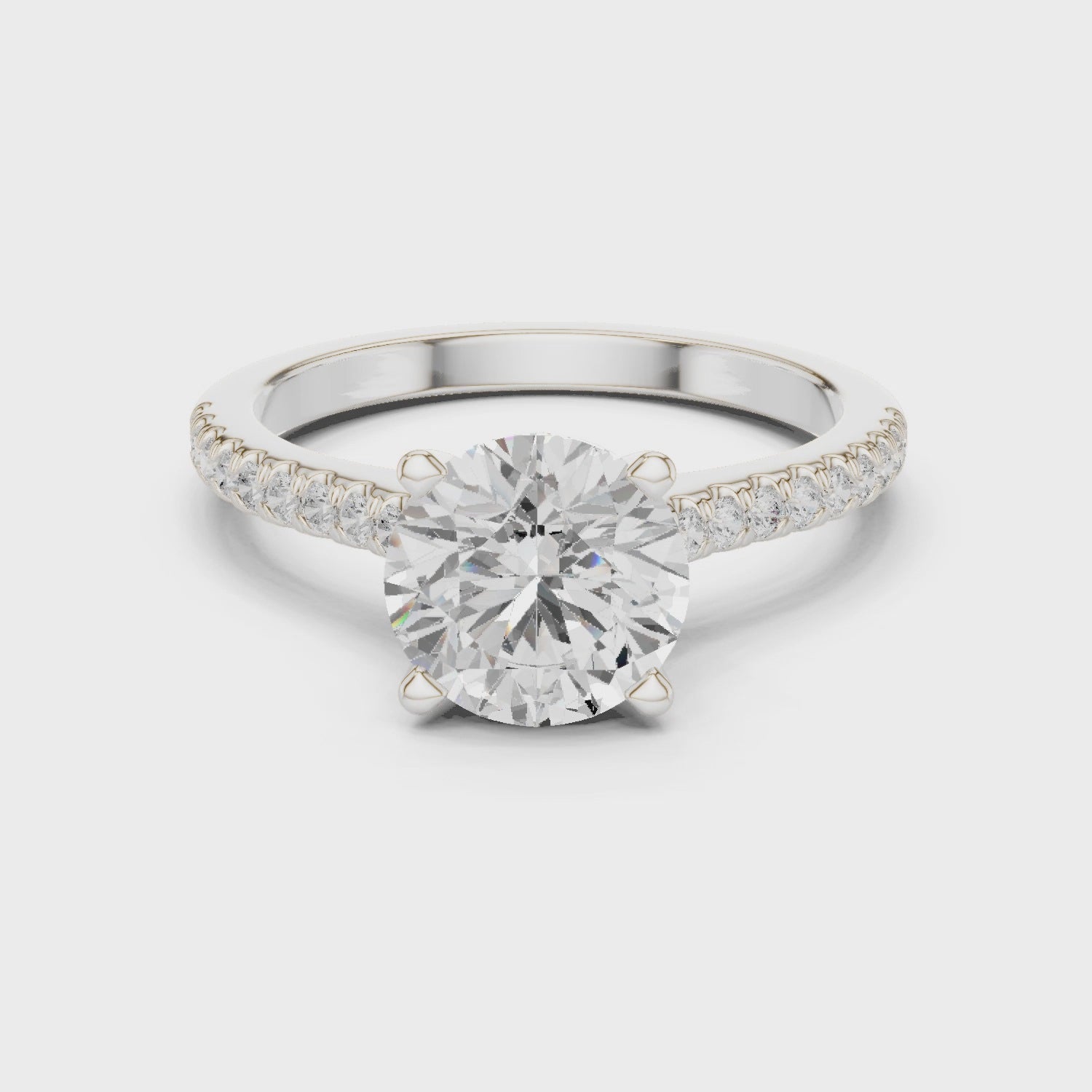 Round Cut Solitaire Engagement Ring with Pavé Diamond Band and Hidden Halo