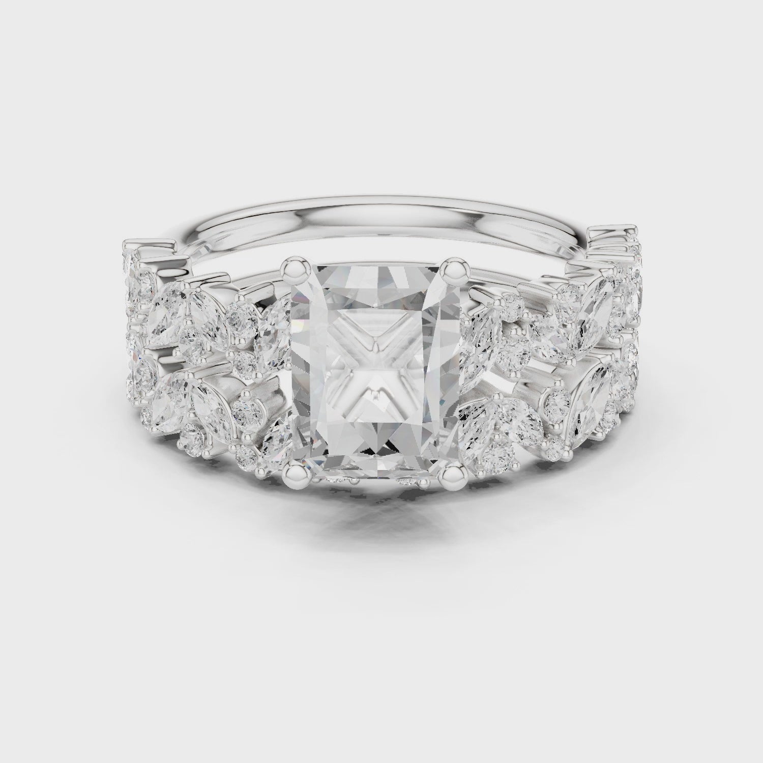 Radiant Cut Solitaire Engagement Ring with Floral Diamond Ring Enhancer