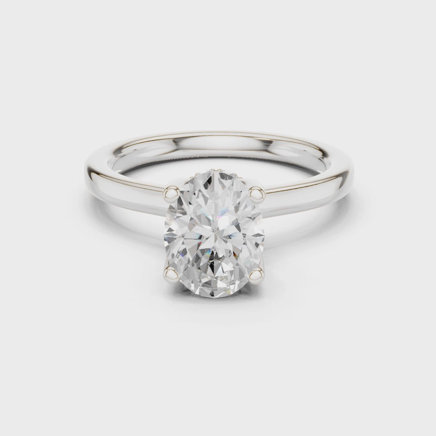 Oval Cut Solitaire Engagement Ring with Hidden Halo and Cathedral Shank