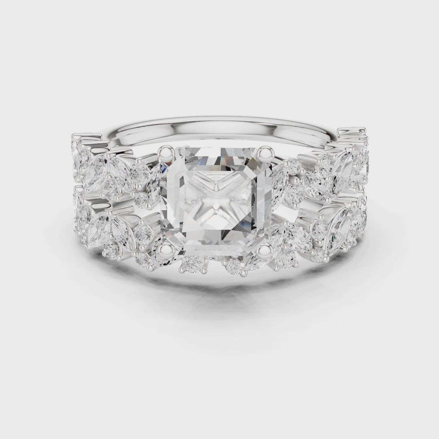 Asscher Cut Solitaire Engagement Ring with Floral Diamond Ring Enhancer