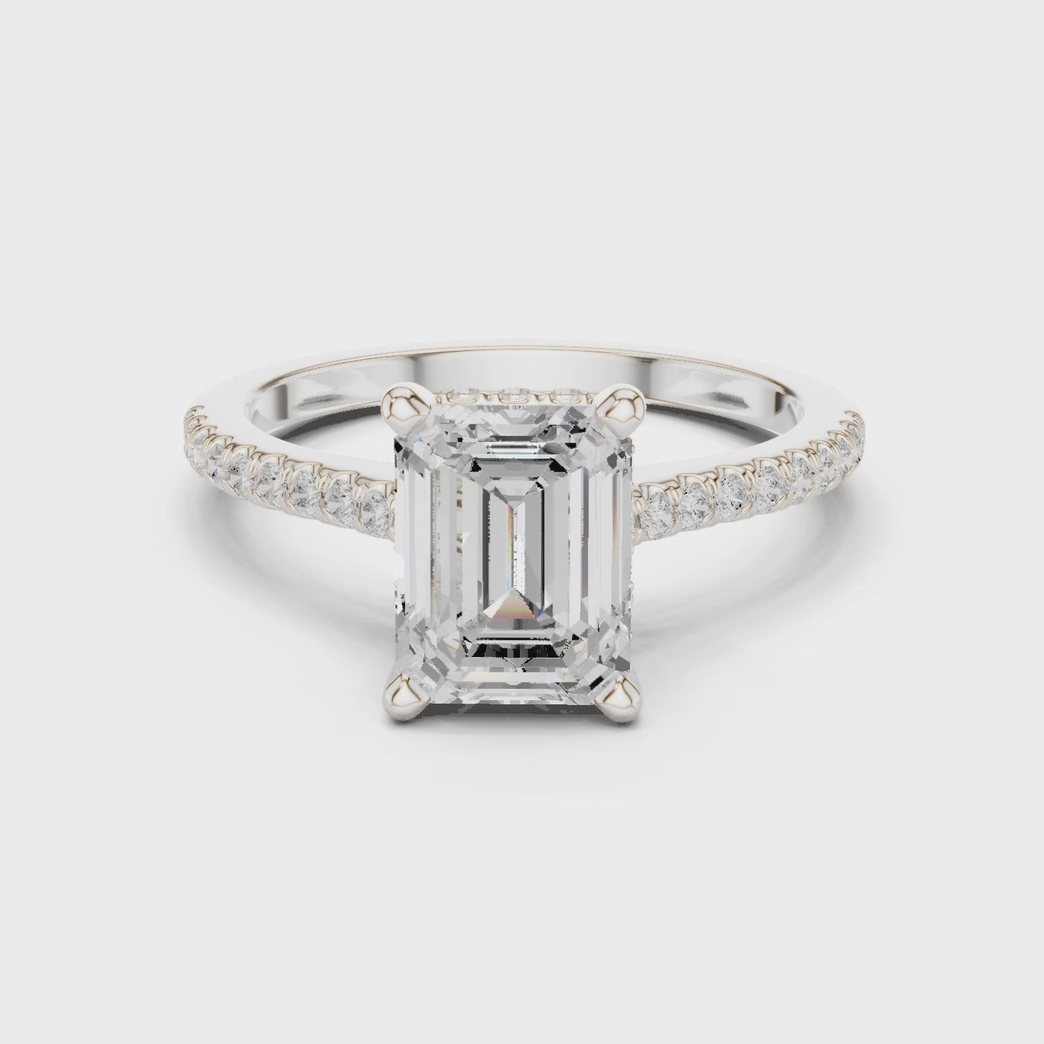 Emerald Cut Solitaire Engagement Ring with Pavé Diamond Band and Hidden Halo