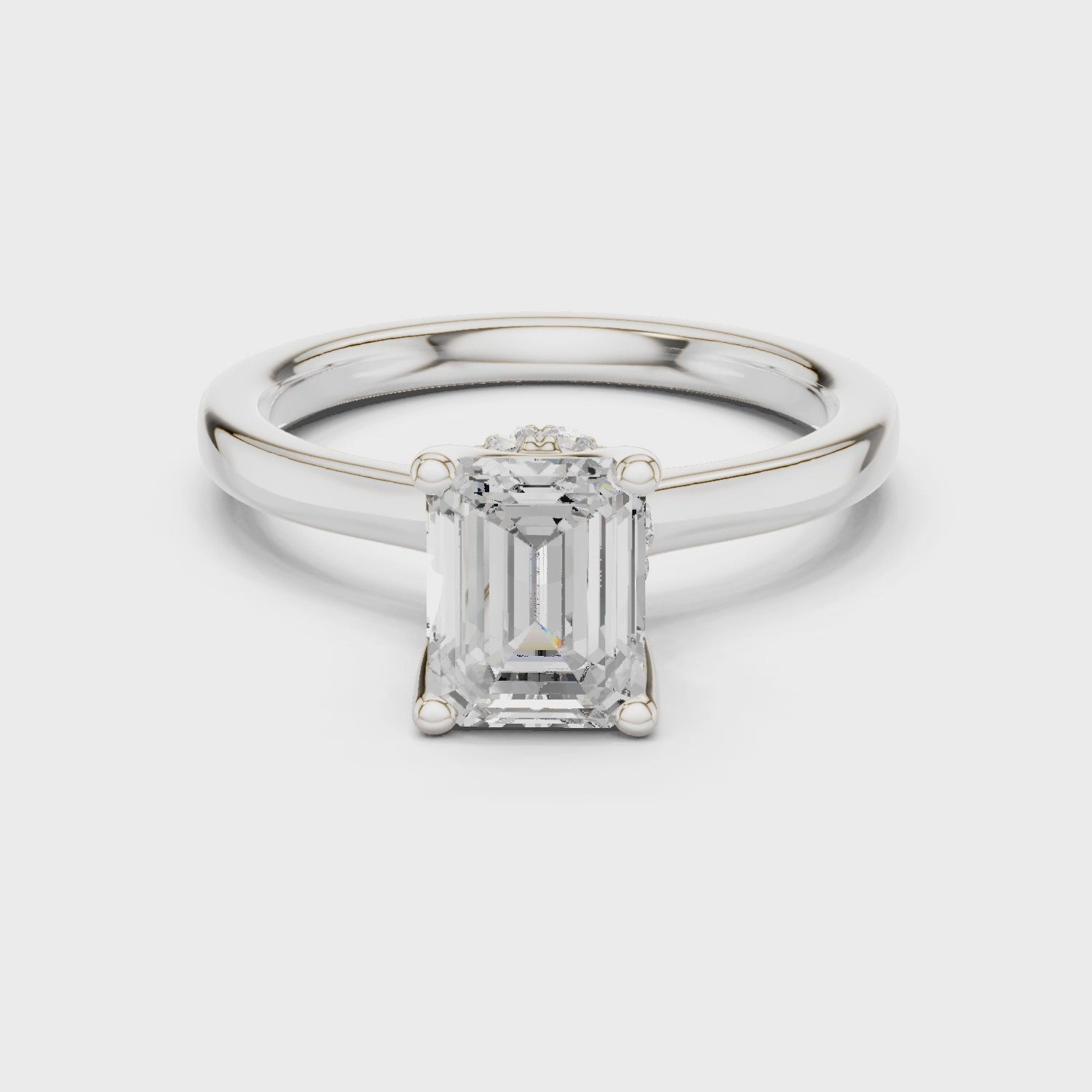 Emerald Cut Solitaire Engagement Ring with Hidden Halo and Cathedral Shank