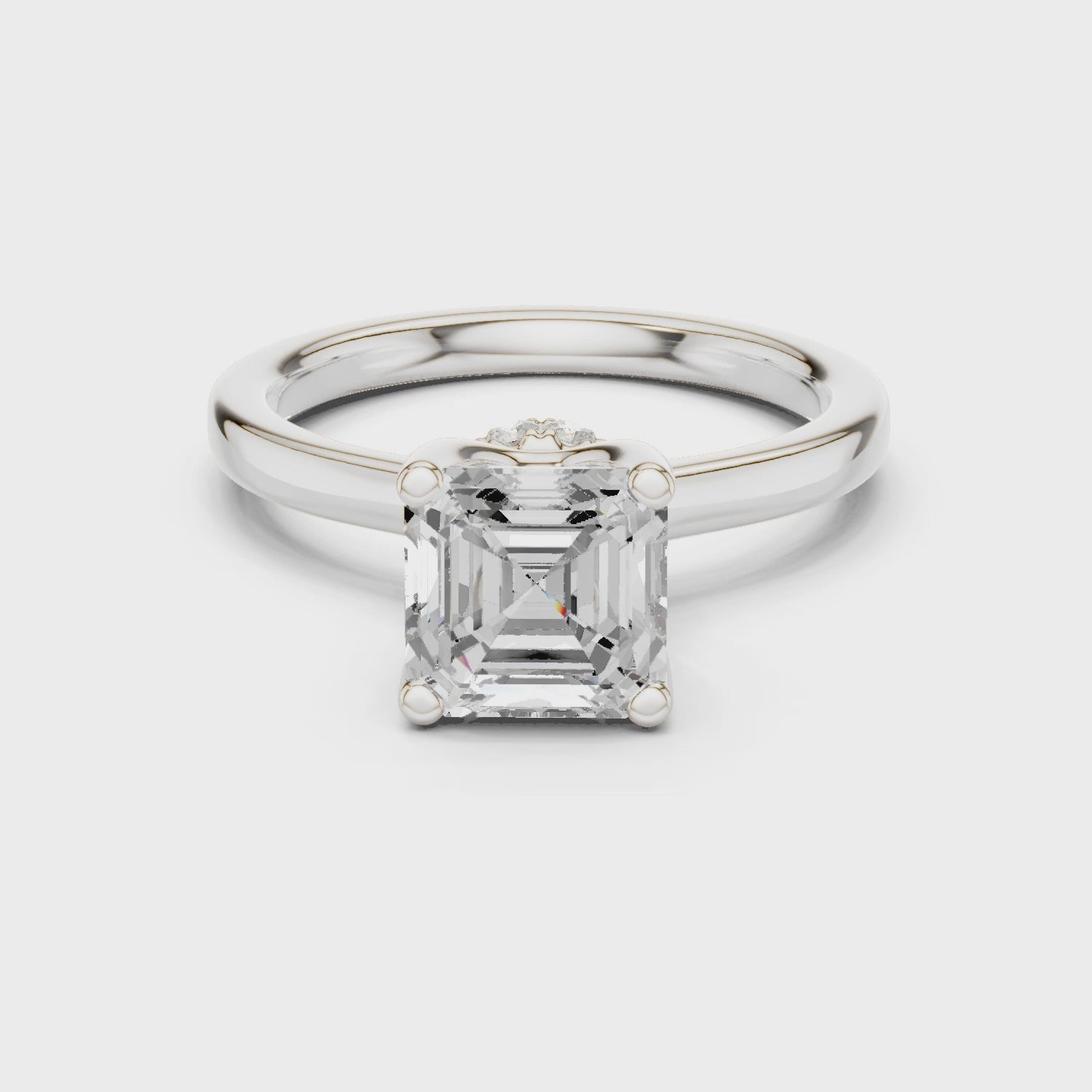 Asscher Cut Solitaire Engagement Ring with Hidden Halo and Cathedral Shank