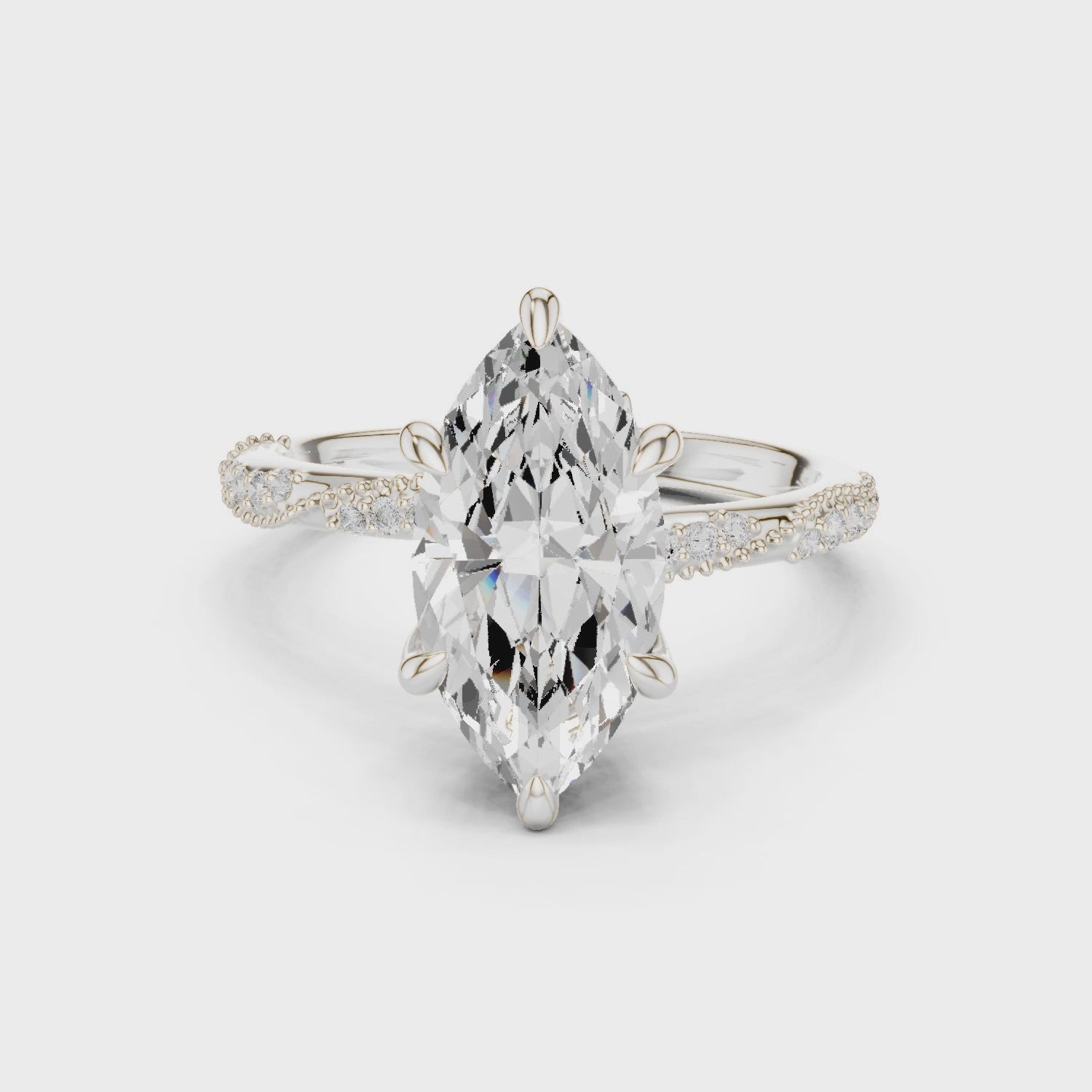 Marquise Cut Solitaire Engagement Ring with Side Pavé Diamond Band and Hidden Halo