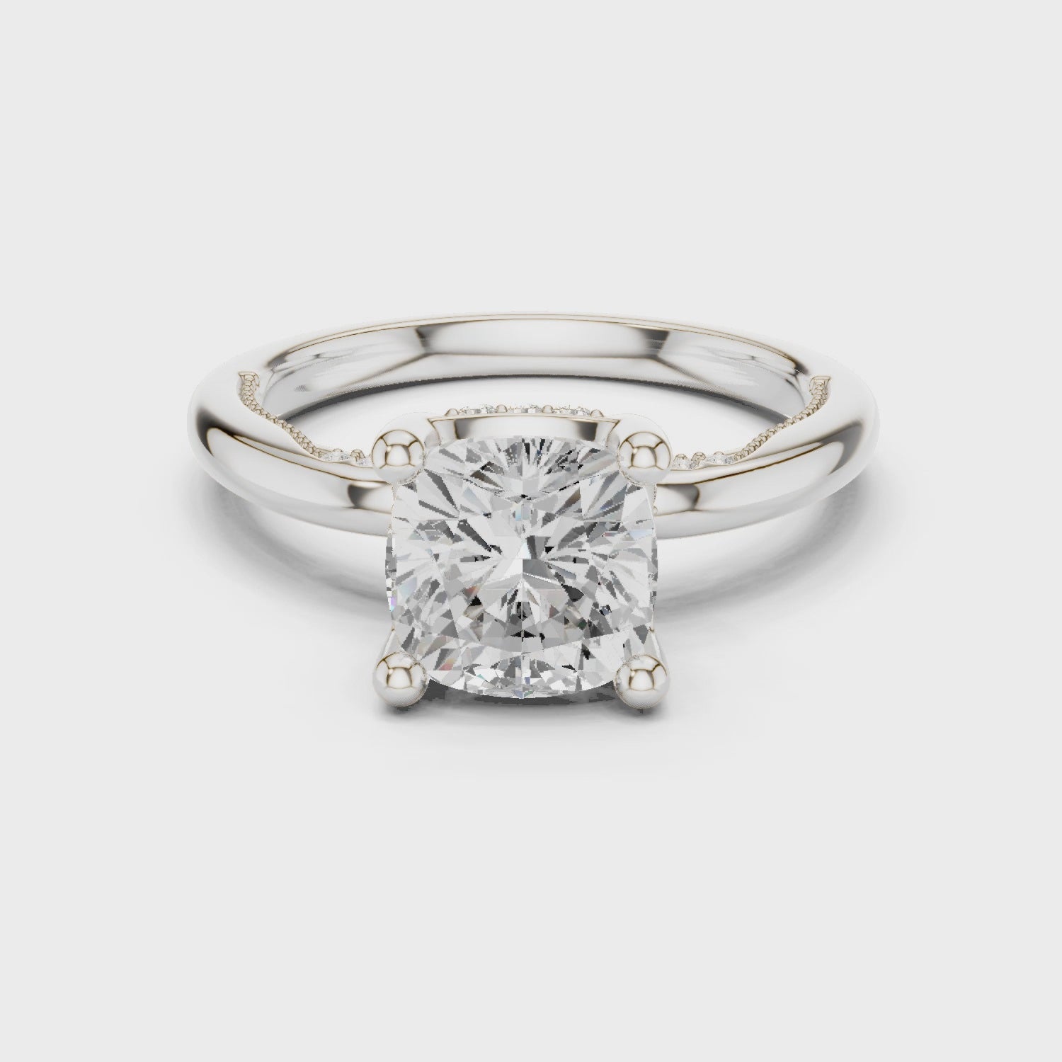 Cushion Cut Engagement Ring with Twisted Split Shank and Hidden Halo
