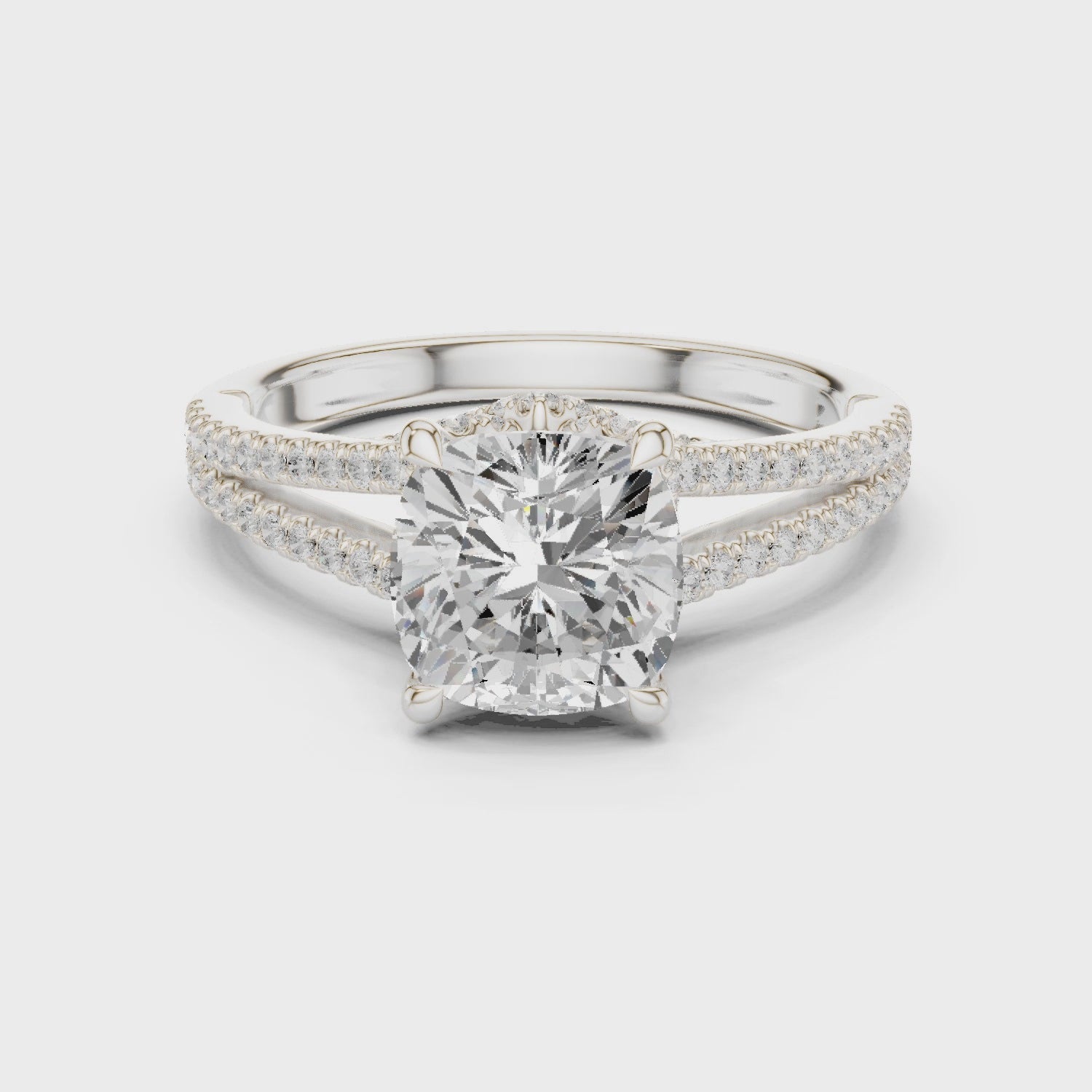 Cushion Cut Solitaire Engagement Ring with Split Shank Pavé Diamond Band