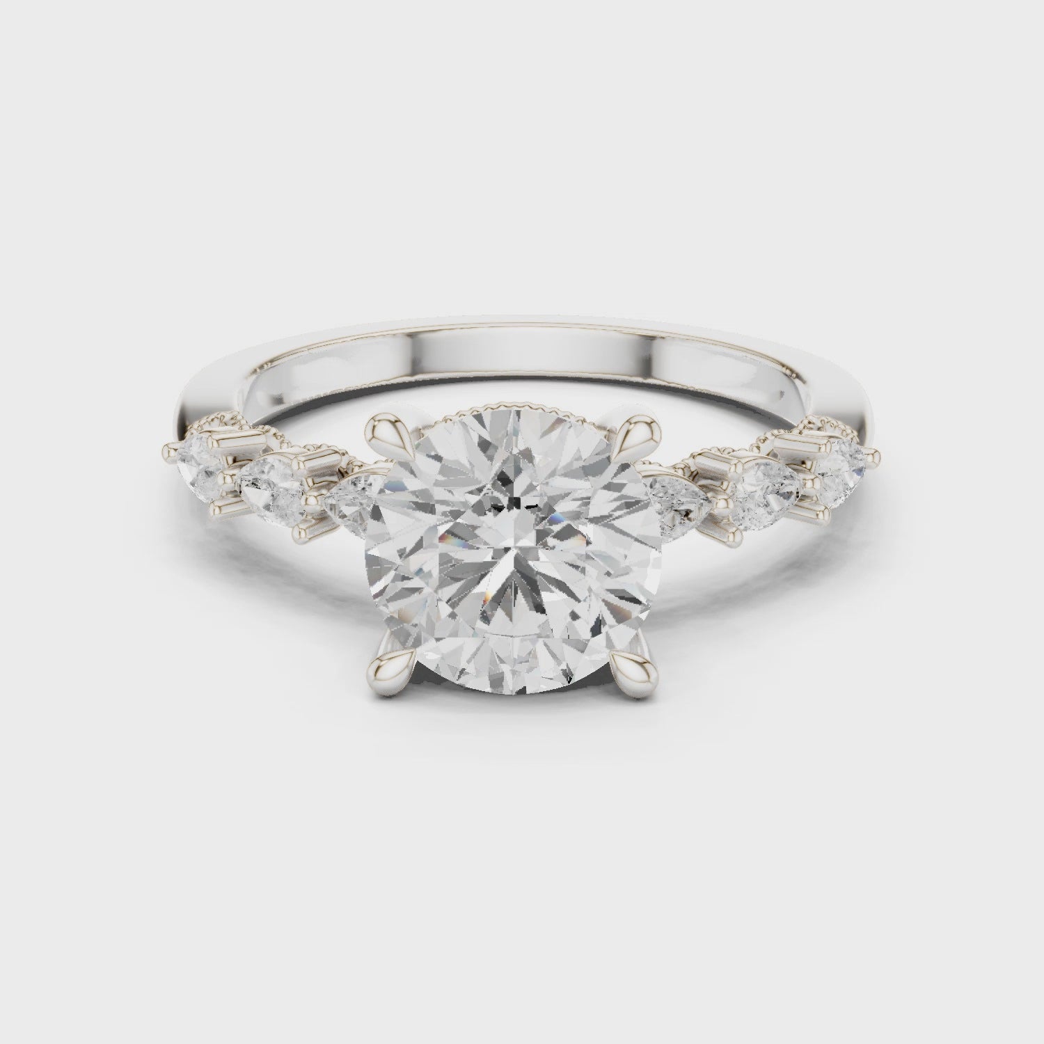 Round Cut Engagement Ring with Marquise & Round Floral Side Stones