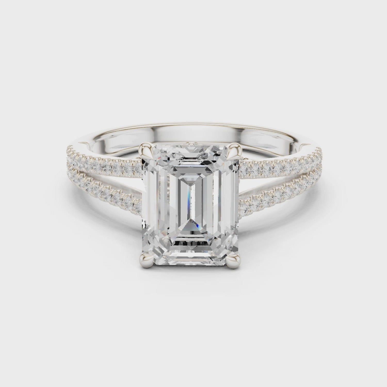 Emerald Cut Solitaire Engagement Ring with Split Shank Pavé Diamond Band