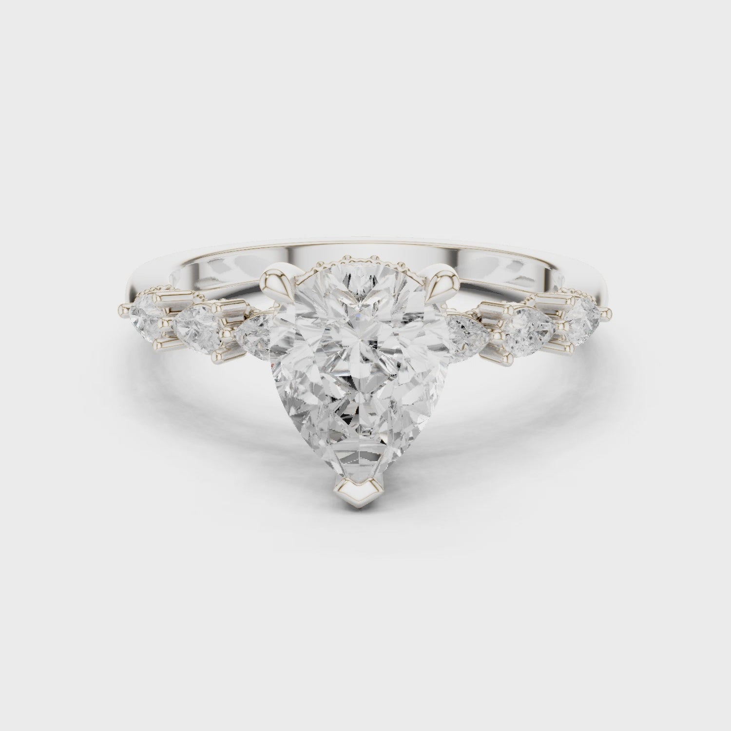 Pear Cut Engagement Ring with Marquise & Round Floral Side Stones