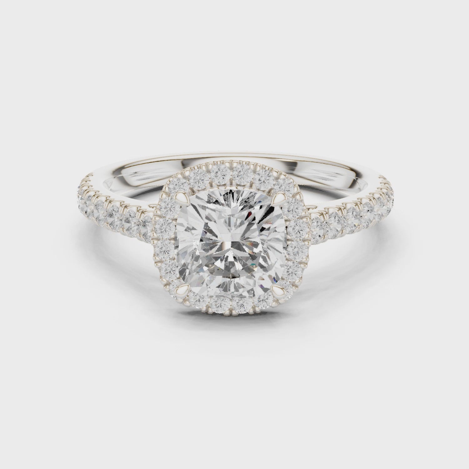 Cushion Cut Halo Engagement Ring with Pavé Diamond Band
