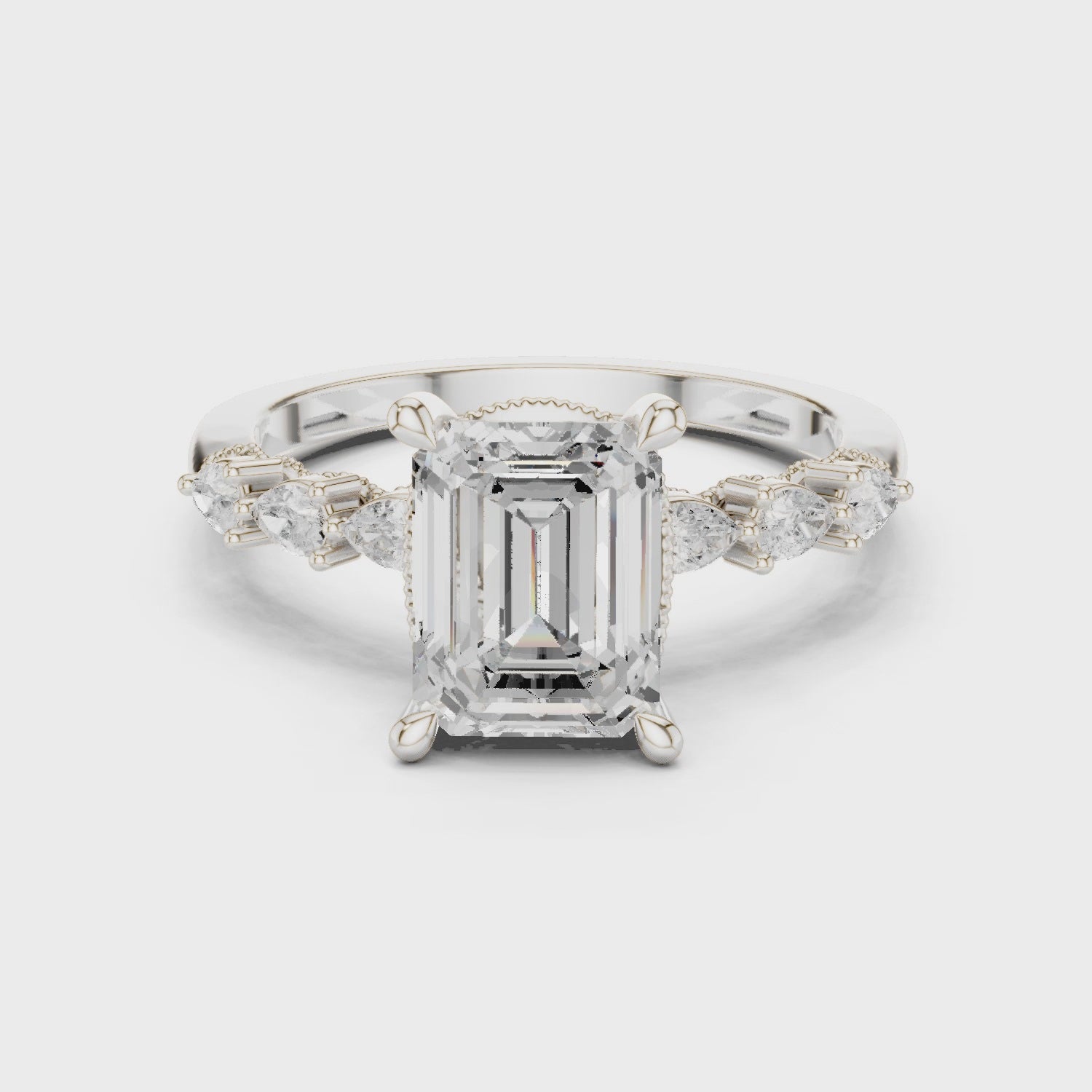 Emerald Cut Engagement Ring with Marquise & Round Floral Side Stones