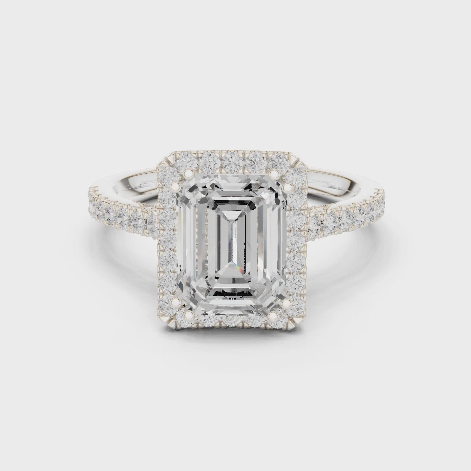 Emerald Cut Halo Engagement Ring with Pavé Diamond Band