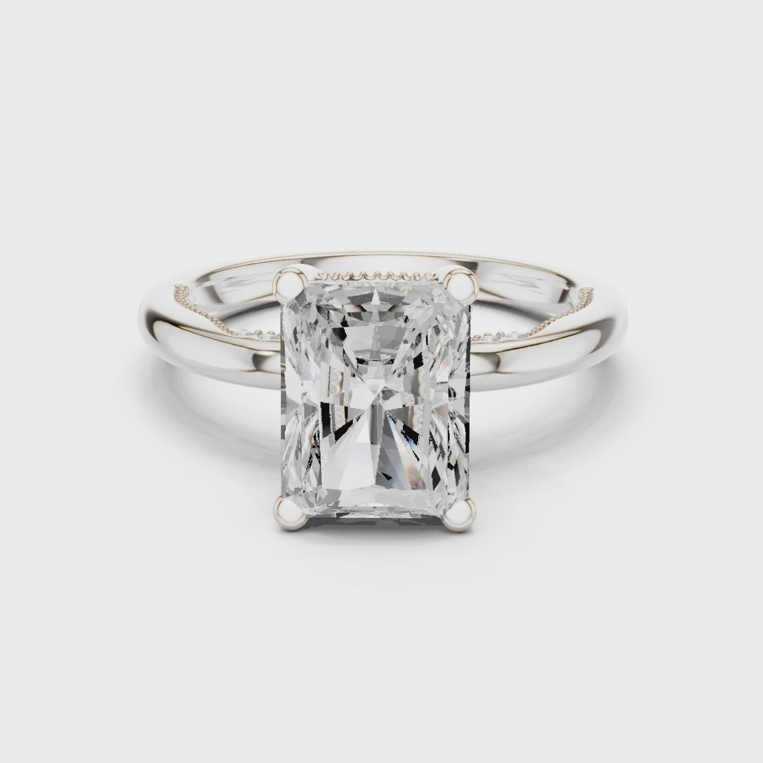 Radiant Cut Engagement Ring with Twisted Split Shank and Hidden Halo