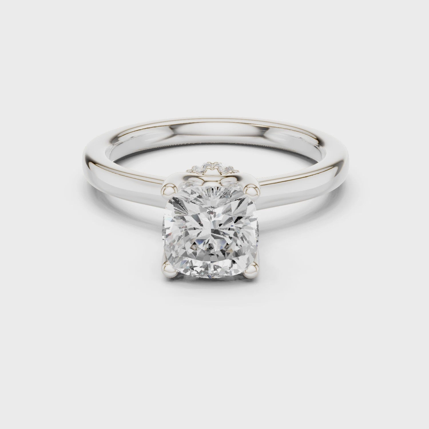 Cushion Cut Solitaire Engagement Ring with Hidden Halo and Cathedral Shank
