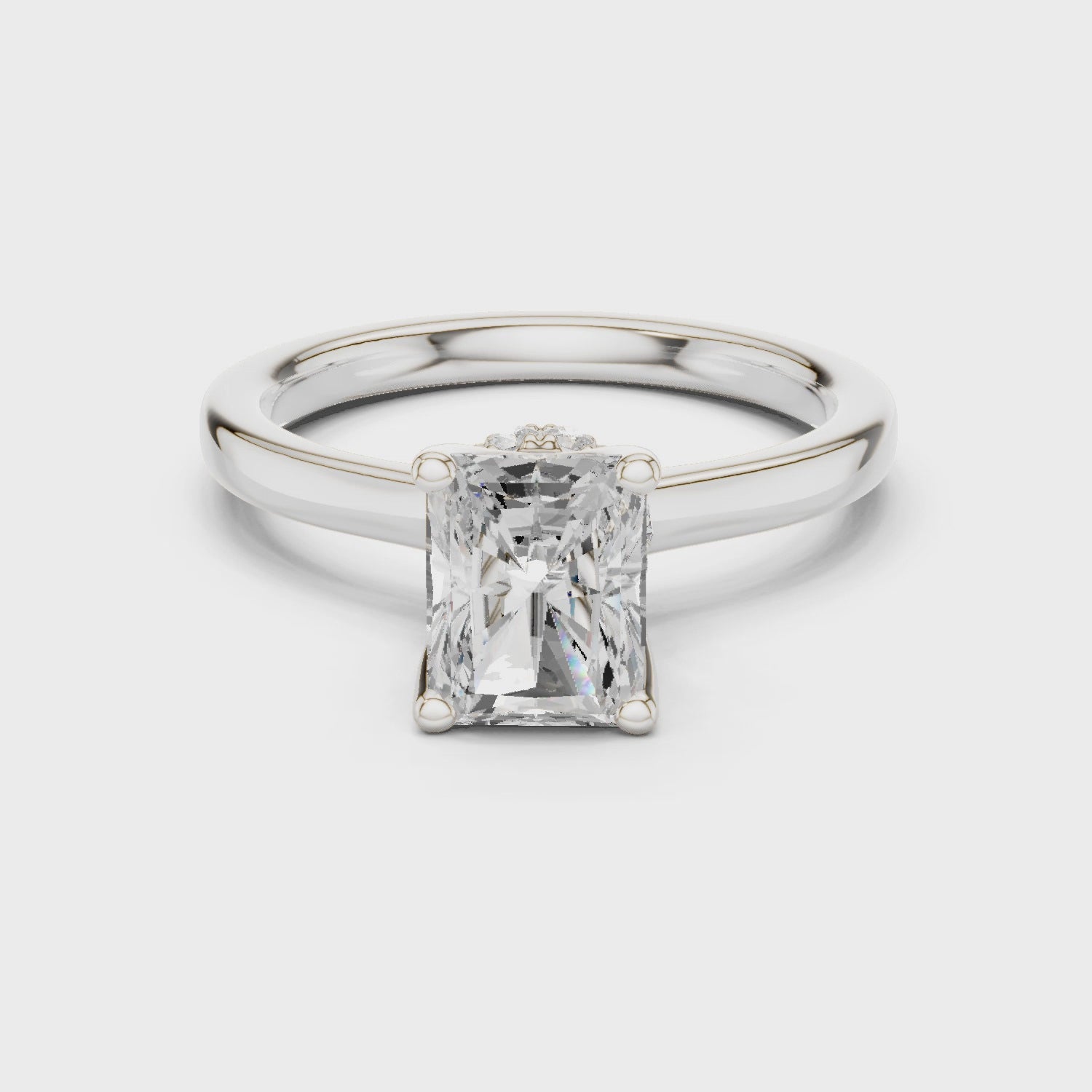 Radiant Cut Solitaire Engagement Ring with Hidden Halo and Cathedral Shank