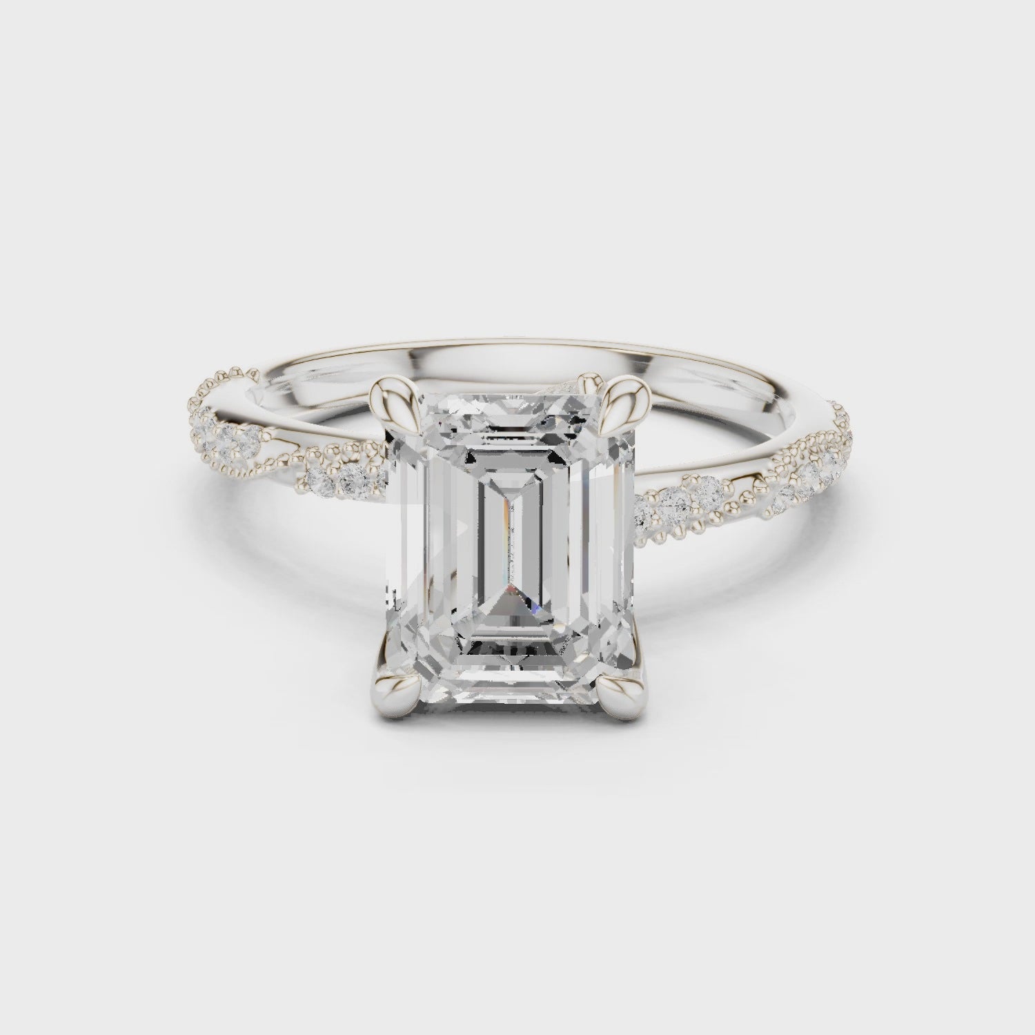 Emerald Cut Solitaire Engagement Ring with Side Pavé Diamond Band and Hidden Halo