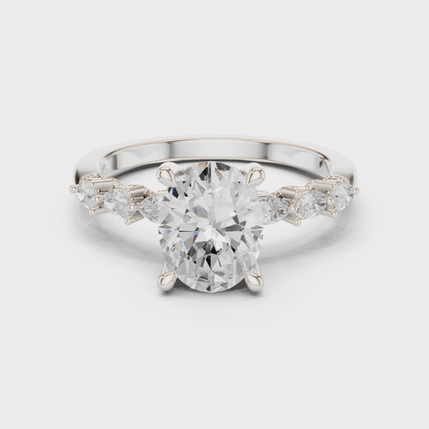 Oval Cut Engagement Ring with Marquise & Round Floral Side Stones