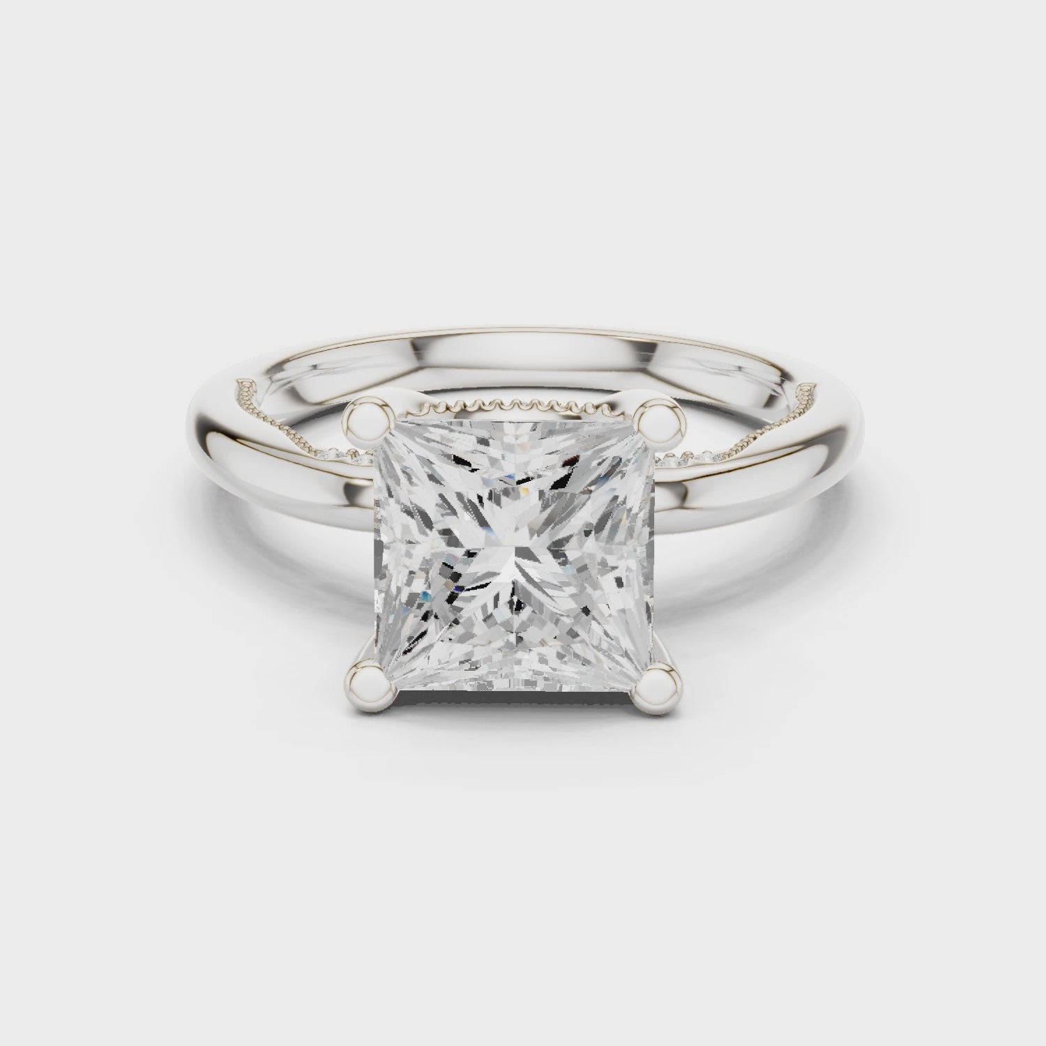 Princess Cut Engagement Ring with Twisted Split Shank and Hidden Halo