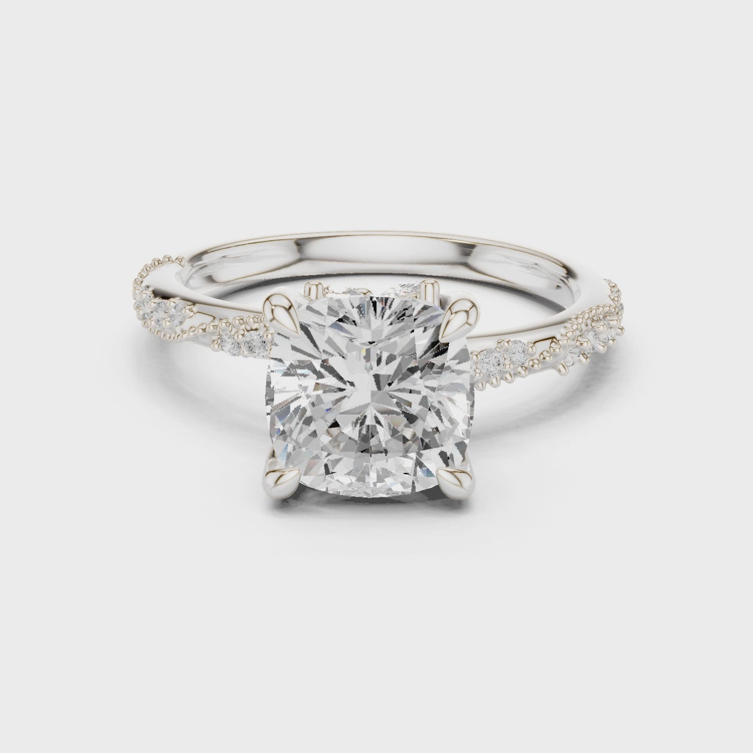 Cushion Cut Solitaire Engagement Ring with Side Pavé Diamond Band and Hidden Halo