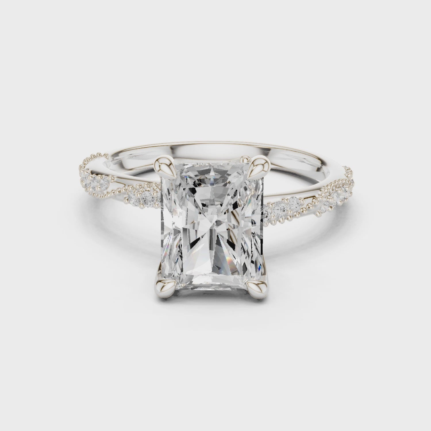 Radiant Cut Solitaire Engagement Ring with Side Pavé Diamond Band and Hidden Halo